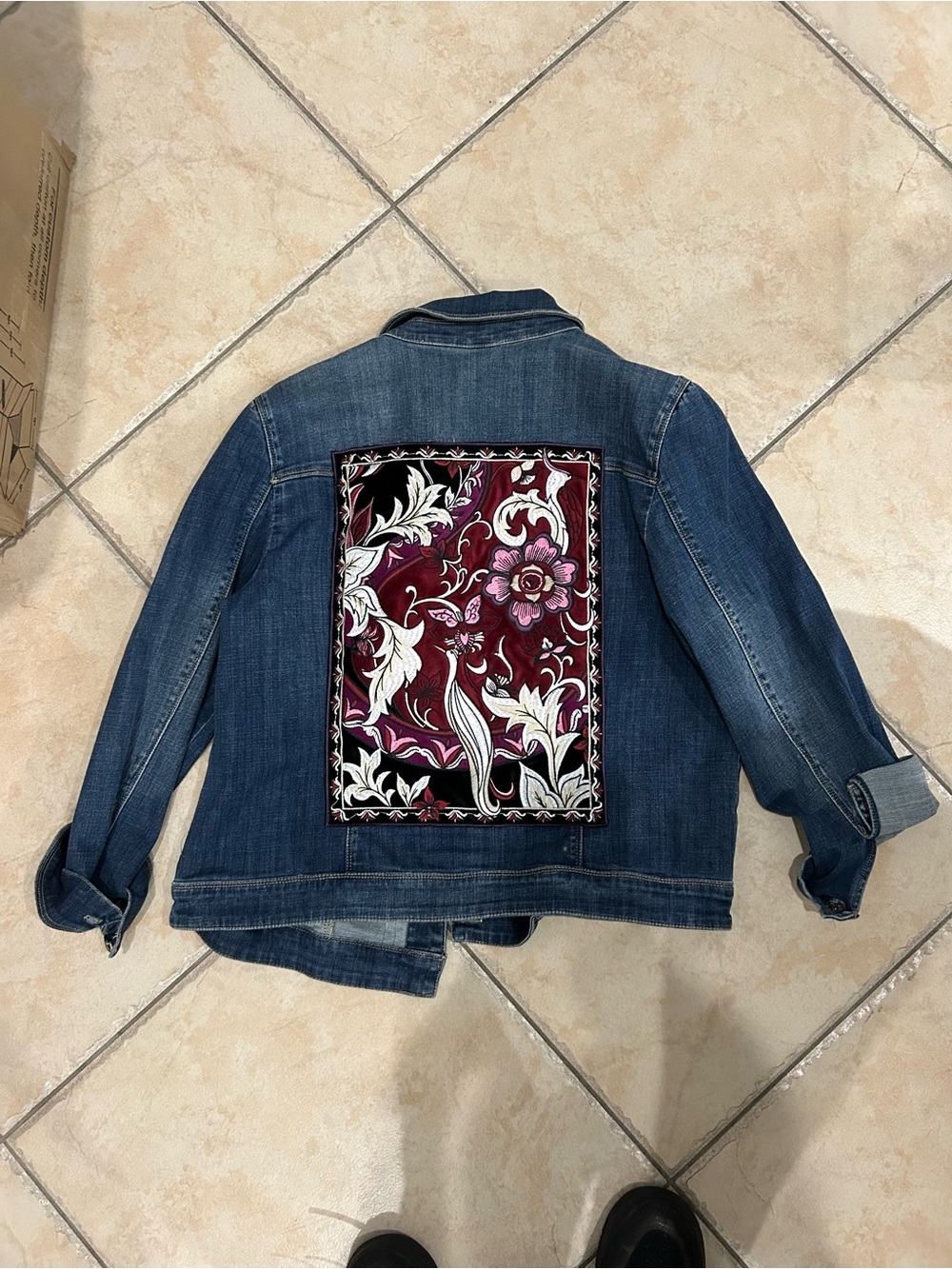 Chico's Blue Denim Jacket with Burgundy Floral Back Panel